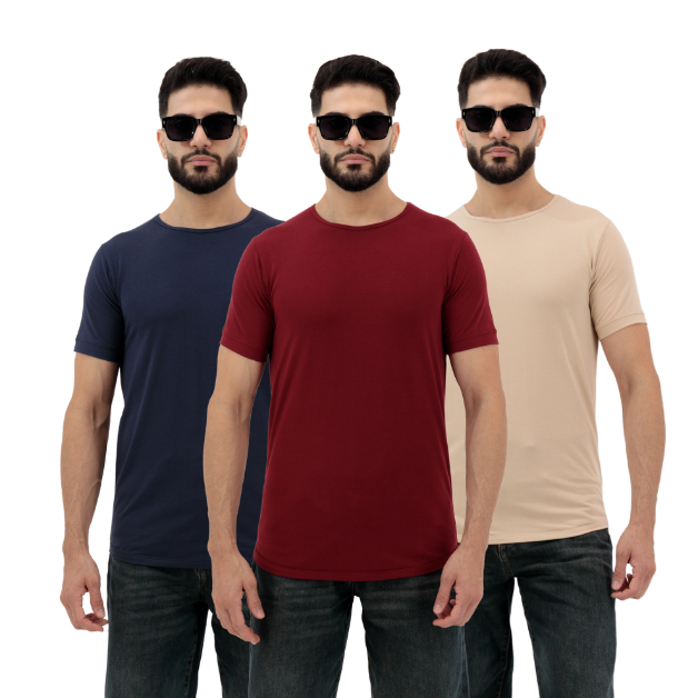 Picture of Men’s Plain Cotton T-Shirts 3-Pack | Navy Blue, Rosewood & Sandstone Everyday Essentials